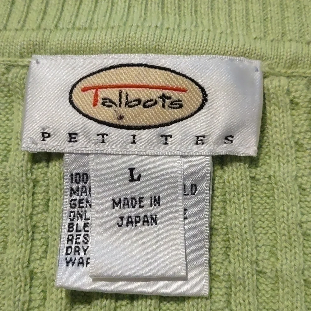 TALBOTS Light Lime Green V-Neck Cable Knit Sweater Petite Size